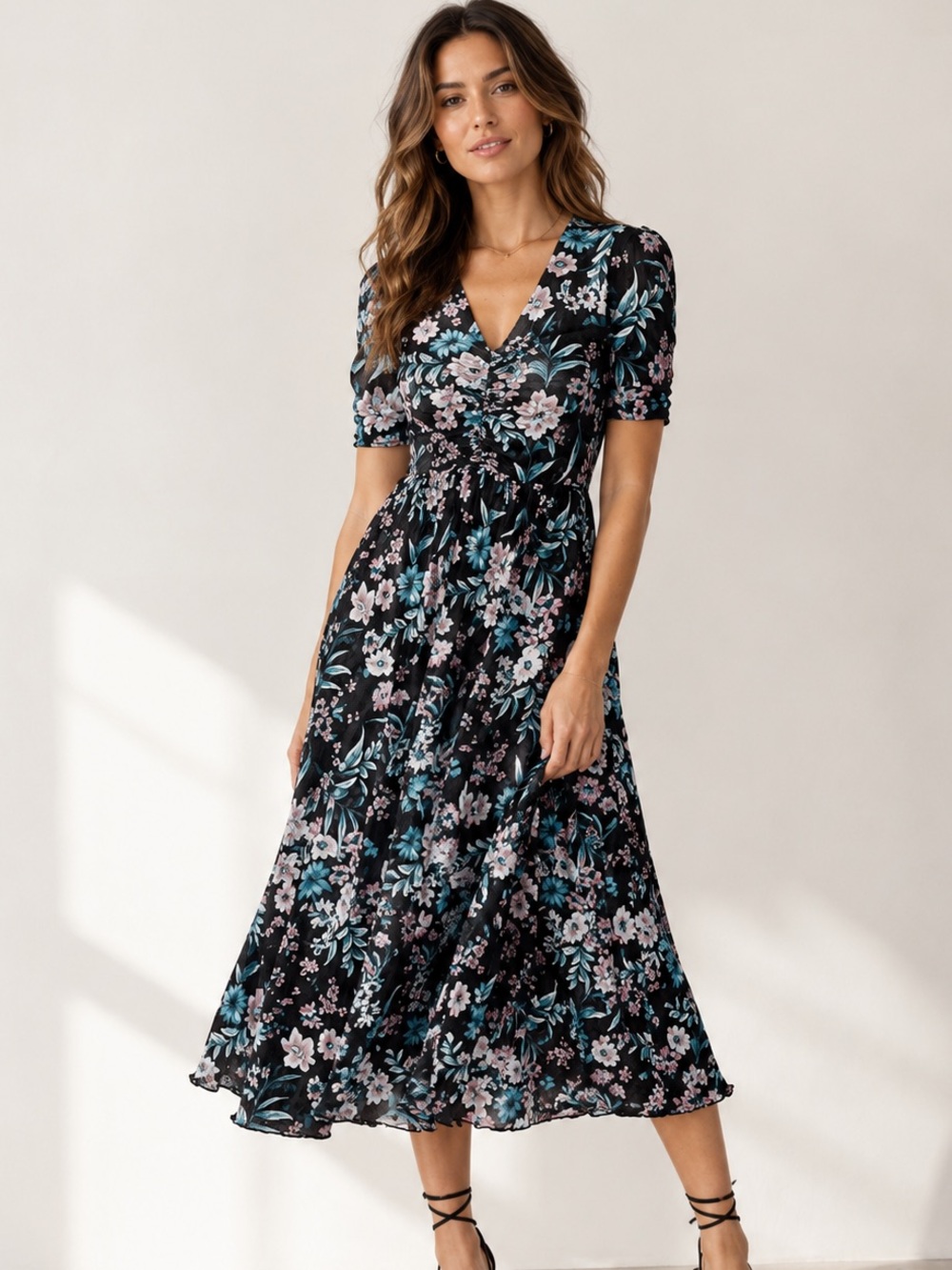 Lovestitch |Reversible |Mesh Floral V-Neck Midi Dress - Size Large